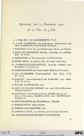 Mittwoch, den 14. Dezember 1932, ab 10 Uhr, ab 3 Uhr (Nr. 1-602)