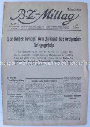 Berliner Tageszeitung "BZ am Mittag" vom Vorabend des Beginns des 1. Weltkrieges