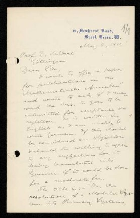 Briefe von Francis Sowerby Macaulay an David Hilbert, Brook Green, 8.5.1912 - 28.5.1912