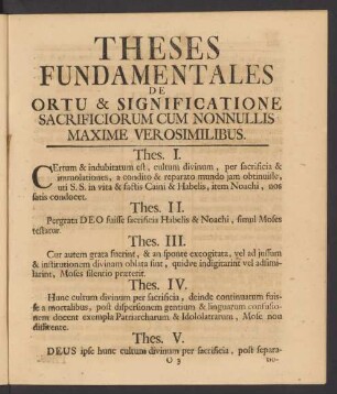 Theses Fundamentales De Ortu & Significatione Sacrificiorum Cum Nonnullis Maxime Verosimilibus