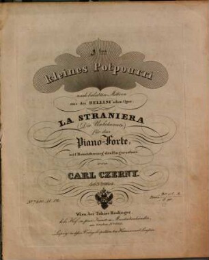 Theater-Bibliothek für die Jugend : 463tes Werk, 12. 3tes kleines Potpourri nach beliebten Motiven aus der Bellini'schen Oper: La straniera (Die Unbekannte) : für das Piano-Forte, mit Bezeichnung des Fingersatzes