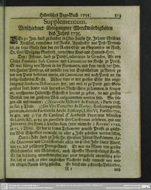 Supplementum. Verschiedner übergangner Merckwürdigkeiten des Jahres 1735
