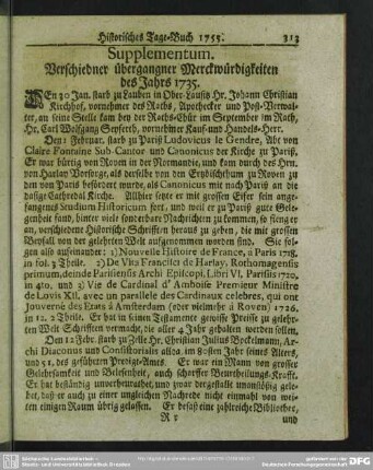 Supplementum. Verschiedner übergangner Merckwürdigkeiten des Jahres 1735