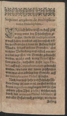 Sequitur arcanum de multiplicatione Philosophica