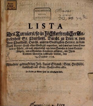 Lista deß Turniers vom 14. [vierzehnten] October 1728