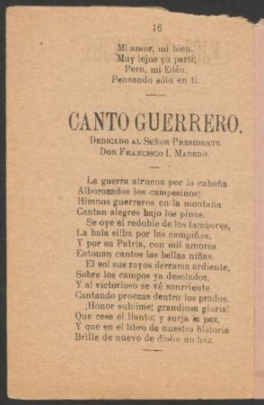 Canto guerrero. : Dedicado al Señor Presidente Don Francisco I. Madero.