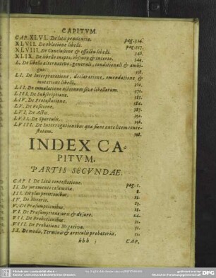 Index Capitum. Partis Secundae