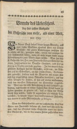 Vorrede des Uebersetzers. bey der ersten Ausgabe der Gespräche von mehr, als einer Welt, von 1725.
