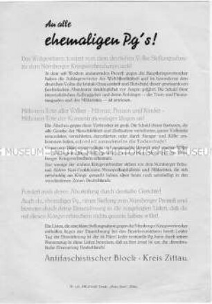 Aufruf an alle ehemaligen Nationalsozialisten zur Distanzierung von den in Nürnberg vor Gericht stehenden Kriegsverbrechern