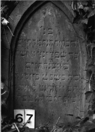 Grabstein 67 (Index: 100084979) Maße HxBxT: 120x50x20 cm Beschreibung: Stele, Spitzbogenabschluß, Schriftfelder eingetieft: Grabstein 67 (Nachholaufnahme)