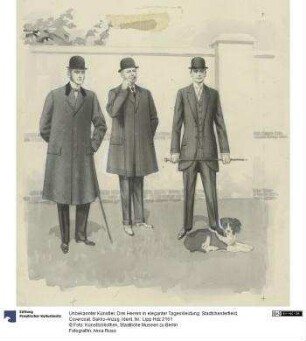 Drei Herren in eleganter Tageskleidung: Stadtchesterfield, Covercoat, Sakko-Anzug