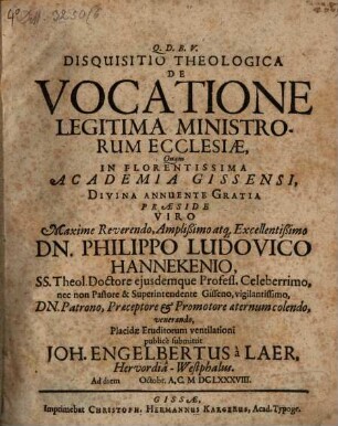 Disqu. theol. de vocatione legitima ministrorum Ecclesiae