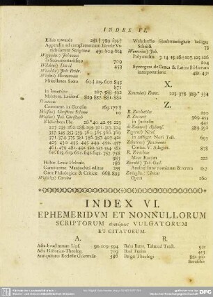 Index VI. Ephemeridum Et Nonnullorum Scriptorum anonymōs Vulgatorum Et Citatorum