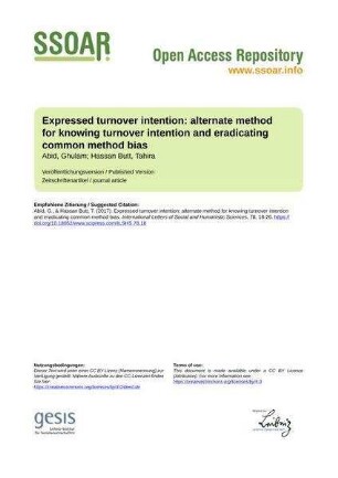 Expressed turnover intention: alternate method for knowing turnover intention and eradicating common method bias