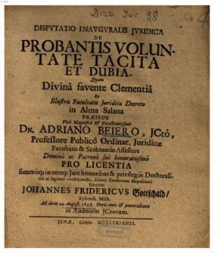 Disputatio inauguralis iuridica de probantis voluntate tacita et dubia