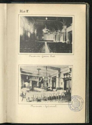 Speisesaal und großer Saal im Museum. Ansichten