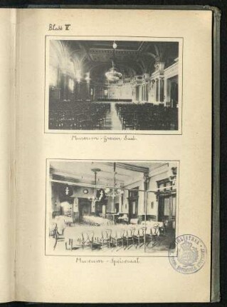 Speisesaal und großer Saal im Museum. Ansichten