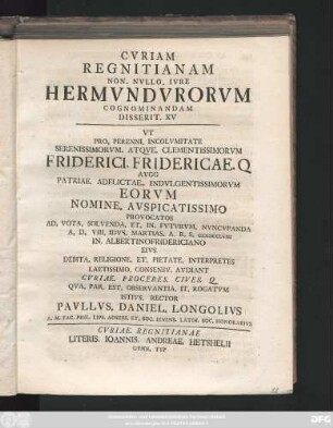 15: Cvriam Regnitianam Non. Nvllo. Ivre Hermvndvrorvm Cognominandam Disserit ...