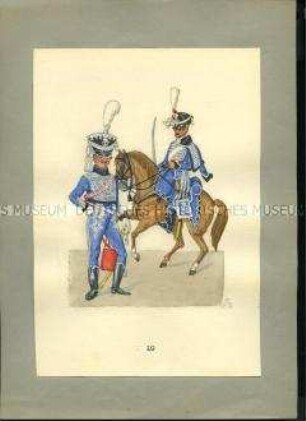 Uniformdarstellung, Rittmeister, Husar zu Pferd, Husaren-Regiment, Sachsen, 1810/1811. Veränderte Kopie aus: Abbildung der neu organisierten Königlich-Sächsischen Armee.