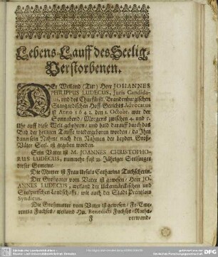 Lebenslauf : Lebens-Lauff des Seelig-Verstorbenen