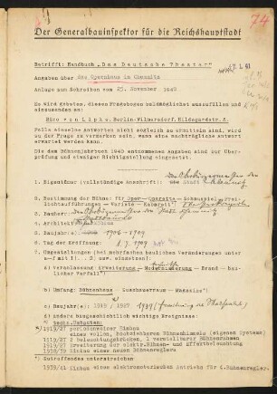 Opernhaus, Chemnitz: Fragebogen für das Handbuch »Das Deutsche Theater«, vierseitiges Dokument