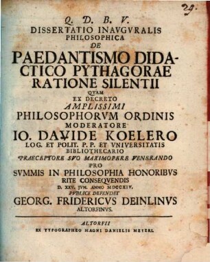 Diss. inaug. philos. de paedantismo didactico Pythagorae ratione silentii