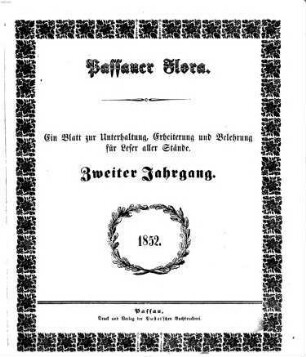 Passauer Flora : Blätter zur Unterhaltung und Belehrung für alle Stände. 1852 = Jg. 2