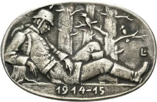 Einseitige Medaille von Hans Lindl auf den Ersten Weltkrieg mit Abbildung eines ruhenden Soldaten im Wald, 1915