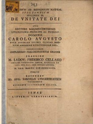 Qvaestiones Selectae Ad Theologiam Natvralem Spectantes, 3. De Vnitate Dei