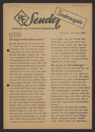 HF-Sender, Sonderausgabe' [Flugblatt], Nr.2/1953 (30. Juni 1953)