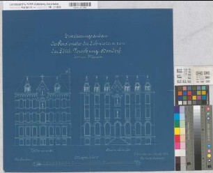 Handorf (Münster) Erweiterung des Pensionats der Schwestern der göttlichen Vorsehung (Vorsehungskloster) Vorder- und Hinteransicht, 1. Expl. 1903 1 : 100 50,5 x 54 Blaupause Franz Wucherpfennig, Architekt Nachlaß Wucherpfennig