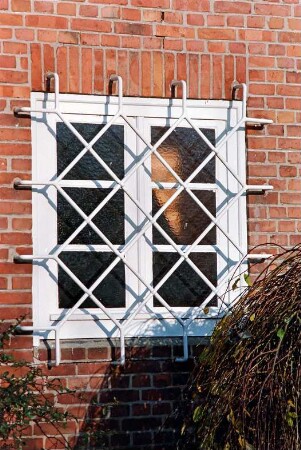 Fritz-Berodt-Straße 7-9: Hofanlage: Haus Nr. 7 [Haus am Teich]: Giebelseite, Detailaufnahme: Fenster mit Vergitterung
