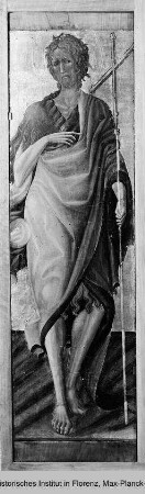Triptychon mit Aufsätzen: Maria mit dem Kind, Johannes dem Täufer und dem seligen Pietro Crisci : linke Seitentafel: Johannes der Täufer