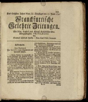 Num LI. Dienstags den 27. Junii. 1741 - Num. LX. Freytags den 28. Julii. 1741