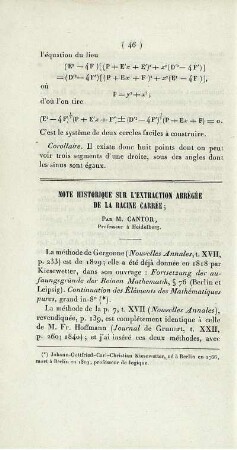 Note historique sur l'extraction abrégée de la racine carrée.