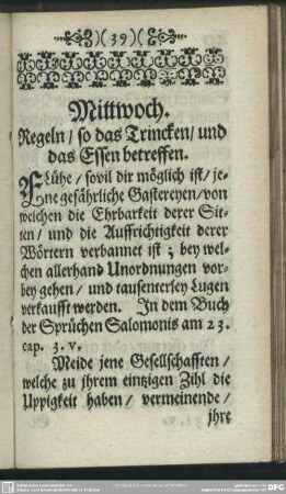 Mittwoch. Regeln, so das Trincken, und das Essen betreffen