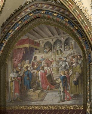 Wandbild: "Die Belehnung der Prinzen Ernst und Albrecht durch ihren Oheim Kaiser Friedrich III., 1465"