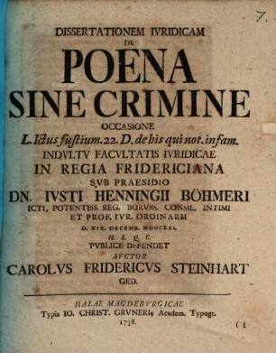 Dissertationem iuridicam de poena sine crimine : occasione L. Jctus fustium 22. D. de his qui not. infam.