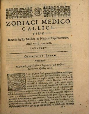 Zodiacus Medico-Gallicus, sive miscellaneorum curiosorum, medico-physicorum sylloge. 3. 1681 (1682)