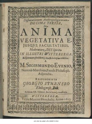 Disputationum Anthropologicarum Decima Tertia, De Anima Vegetativa Eiusque Facultatibus