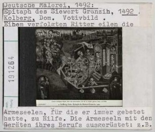 Kolberg, Dom: Votivbild, Epitaph des Siewert Granzih: einem verfolgten Ritter kommen die Armen Seelen, für die er gebetet hat, zu Hilfe