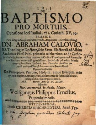 De Baptismo Pro Mortuis : Occasione loci Paulini, ex 1. Corinth. XV,29.