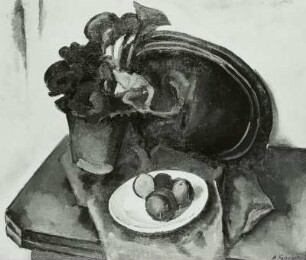 Stilleben mit Begonie, Tablett und Äpfeln