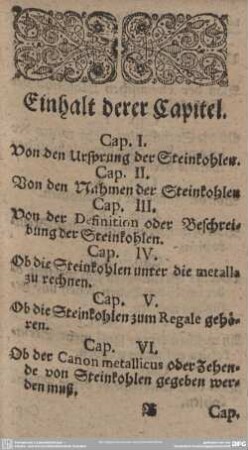 Einhalt derer Capitel.