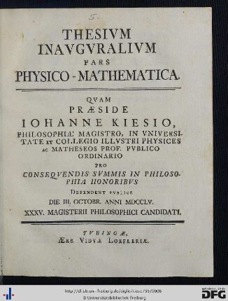 Thesivm Inavgvralivm Pars Physico-Mathematica