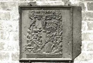 Ofenplatte, Pfarrkirche Parchim : Parchim. Pfarrkirche St. Georgen. Ofenplatte mit Kreuzigung. Gußeisen, 59 x 67 cm, 17. Jahrhundert