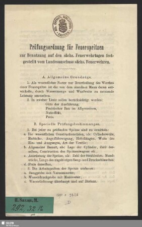 Prüfungsordnung für Feuerspritzen : zur Benutzung auf den sächs. Feuerwehrtagen
