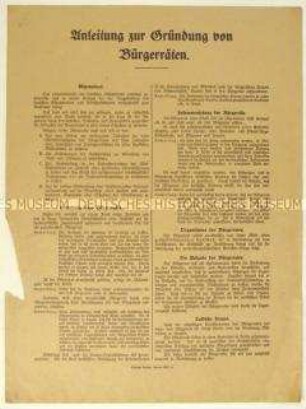 Flugblatt mit Richtlinien zur Gründung eines Bürgerrates im Zuge der Novemberrevolution 1918
