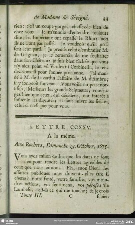 Lettre CCXXV. A la même. Aux Rochers, Dimanche 13. Octobre, 1675