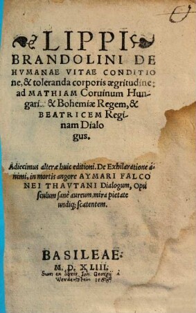 De humanae vitae Conditione dialogus : ad Mathiam Corvinum